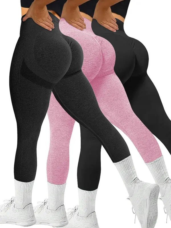 Sporty Women's Plain Ruched High Waist Sports Leggings, Solid Color Wide Waistband Sport Skinny Pants, High Stretch Seamless Yoga Leggings, Ladies Sportswear for Indoor Outdoor Wear, Tummy Control, Leggings for Women, Gym Clothes 3