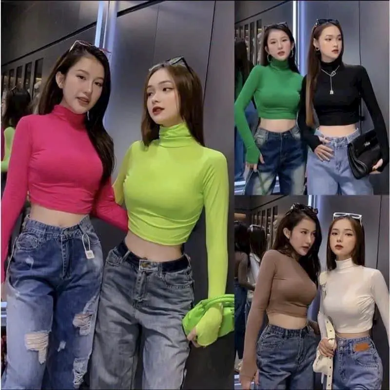Áo Cổ Lọ Tay Dài Trơn (Không Xỏ Ngón) Croptop Ôm Body  Beveda Nữ Sen Đen Thun Trắng Women