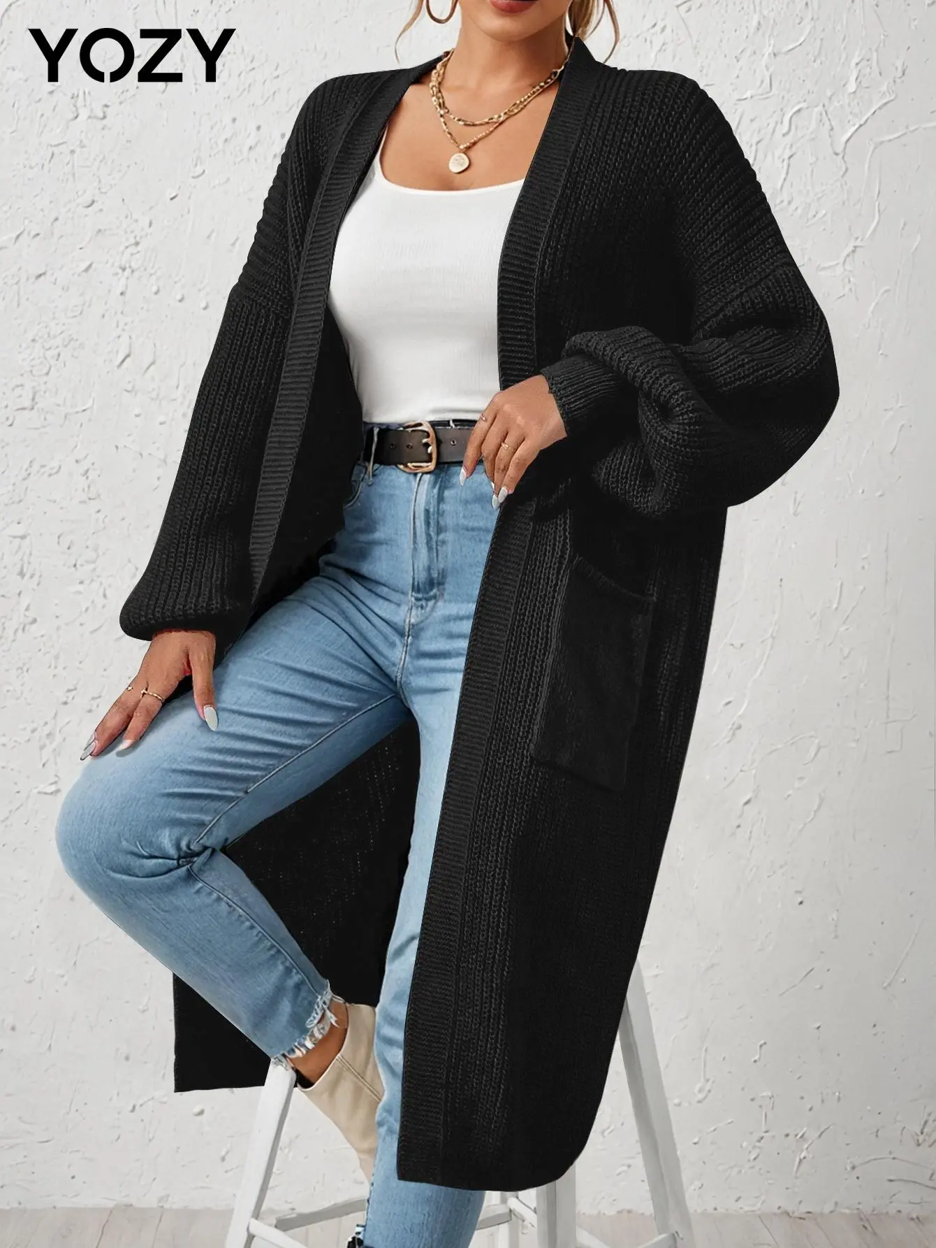 YOZY Women's Solid Drop Shoulder Pocket Open Front Long Sweater Cardigan, Casual Long Sleeve Sweater Cardigan for Fall & Winter, Women's Knit Clothing for Daily Wear