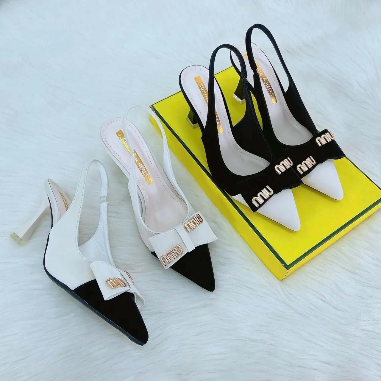 Giày cao gót mũi đen/ trắng phối nơ gót cao 6p quai hậu dễ đi em chân đi chuẩn size DéP Nữ Shoes Có Quai