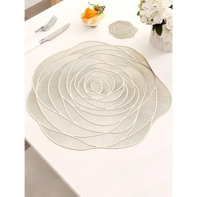 8pcs/set Gold Hollowed-out Rose Pvc Place Mats And Coasters, Washable, Easy To Clean, Wipeable, Slip-resistant, Heat-resistant, Suitable For Dining Table, Holiday, Wedding, Party Decoration Tableware 4