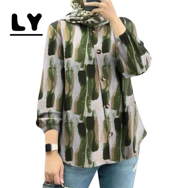 Product Introduction of New 2025baju Women's Muslim Button Lantern Sleeve Round Neck Printed Shirt 25