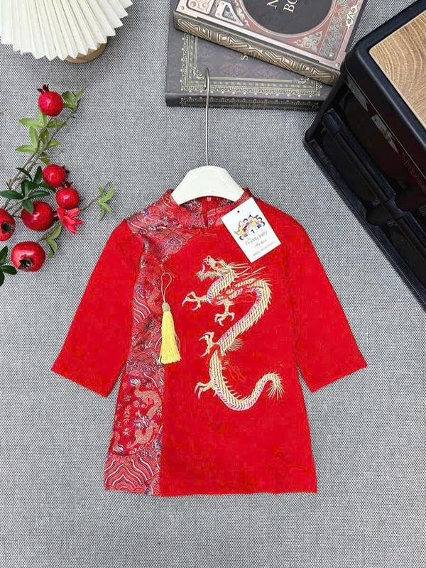 [10-36kg] Áo dài thêu Rồng cho bé trai mẫu hot TẾT 2025 (kèm khánh), diện Tết, du xuân siêu sang chảnh, chất nhung lì mềm đẹp, không nhăn, cúc tàu xịn đẹp. 9