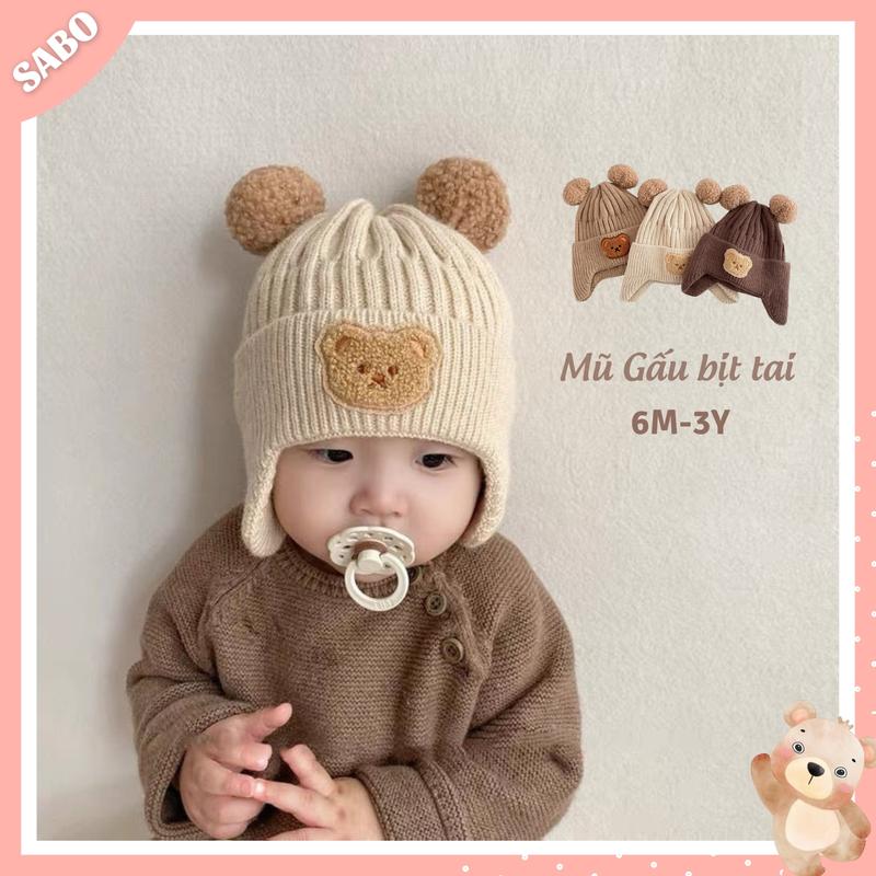 Mũ Nón Len Bịt Tai Đính Hình Gấu Dễ Thương, Mũ Len Lót Lông Ấm Áp Cho Bé 6-36 Tháng