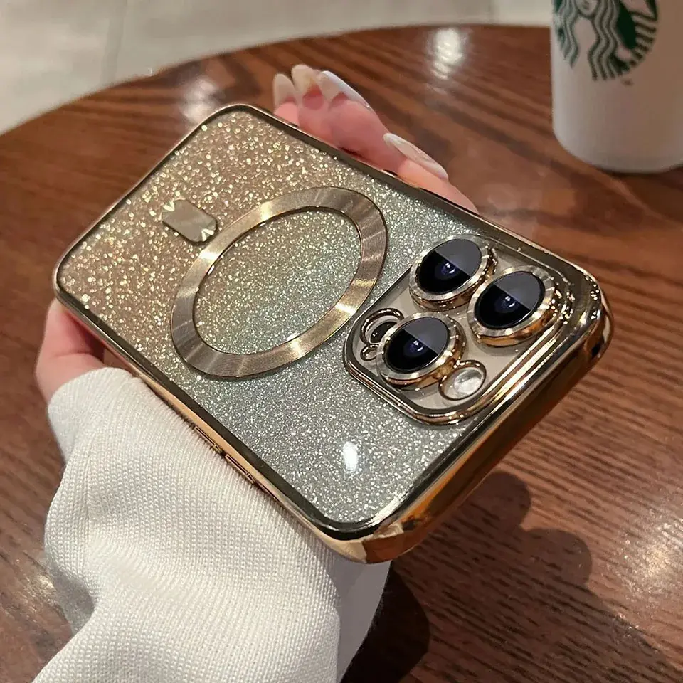 Luxury Plating Glitter Case For MagSafe For iPhone16 15 14 13 12 11 Pro Max Plus Magnetic Wireless Charge Cases Woman Phone Cover