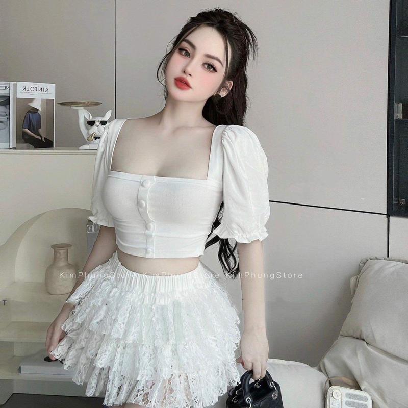 SÉT ÁO CỔ VUÔNG NÚT BỌC TAY PHỒNG+CHÂN VÁY TẦNG. 8
