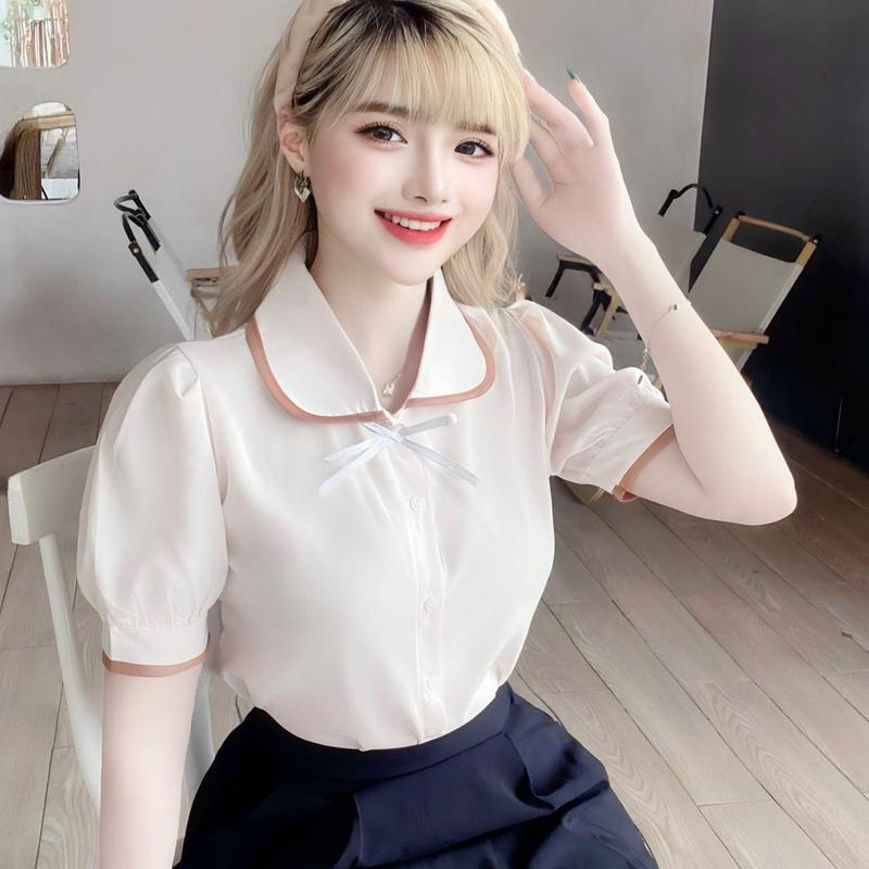 Áo sơ mi nữ cổ lá sen tay ngắn viền nâu H12 Top Shirt Cổ Tròn Women Kem
