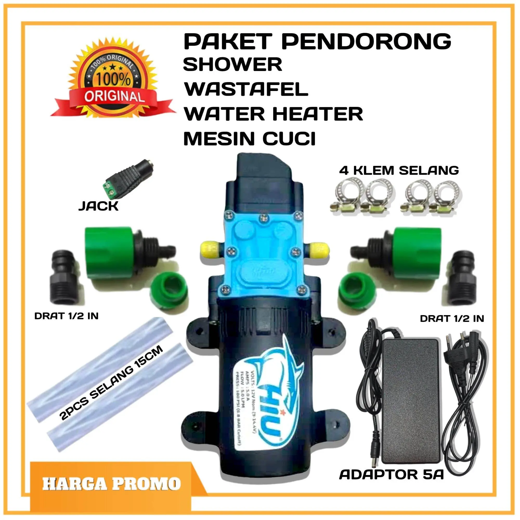 PAKET POMPA DORONG WASTAFEL / SHOWER / WATER HEATER / DINAMO POMPA DC 12V HIU 5 LPM DAN ADAPTOR 12V 5A