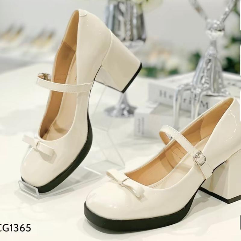  Giày cao nữ 7cm trang trí nơ nhẹ nhàng.Giày phom to chân gầy mỏng đi đúng size chân to dày đi lùi size Mũi vuông Shoes giay  7 phan Guốc 