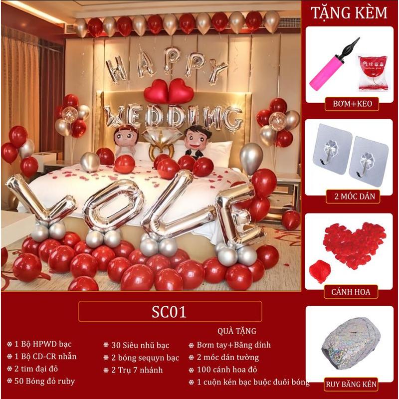 Combo Set bóng bay trang trí phòng cưới, phòng tân hôn lãng mạn SC01 Tặng kèm nhiều quà tặng dễ trang trí Cao Su