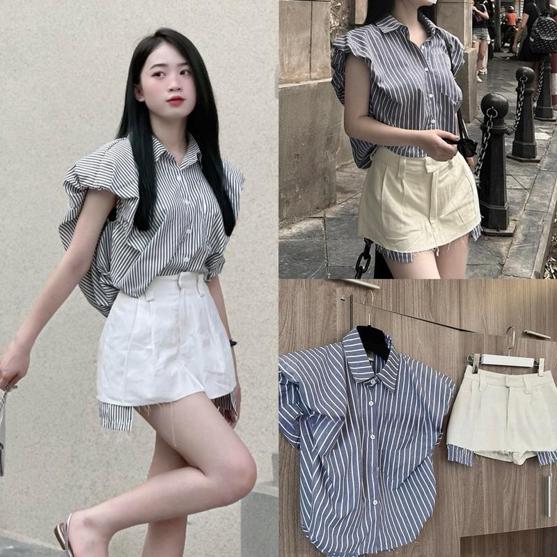 Set áo dáng ngắn hoạ tiết kẻ sọc, sẵn đệm cầu vai kèm cv jean kaki dáng ngắn, phong cách năng động, trẻ trung dành cho nữ