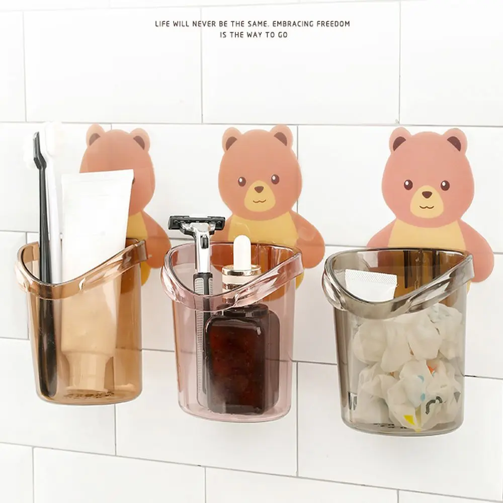 Punch-free Wall Mounted Adhesive Shelf Drainer Support Bracket Drying Cup Bear Toothbrush Holder