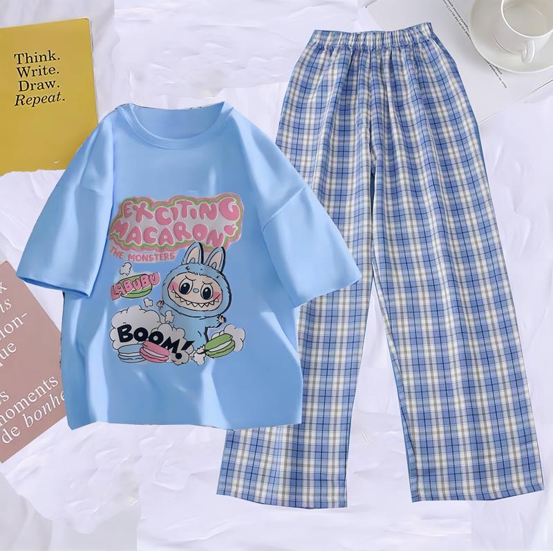 (17-55kg) Bộ xanh dương Labubu áo cộc quần kẻ xuông cho bé gái size 17-55kg siêu xinh