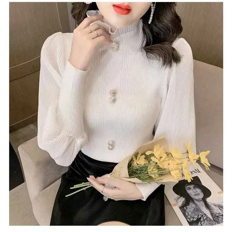 FLIDA FASHION - E01 blouse atasan rajut wanita turtleneck lengan balon panjang 1
