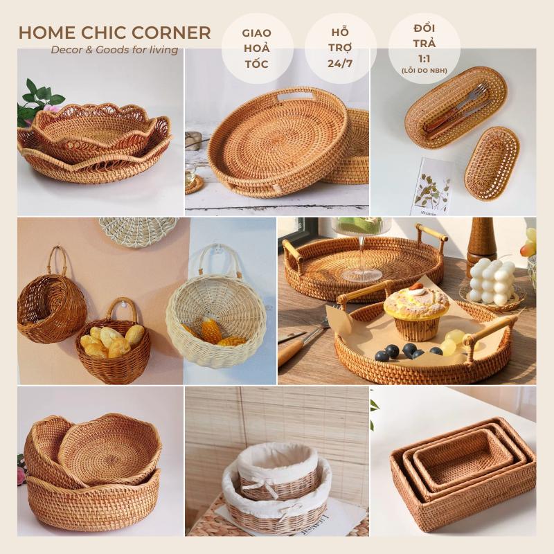 Rổ mây tròn khay mây đựng đồ decor trang trí mây tre đan tự nhiên | HOME CHIC CORNER