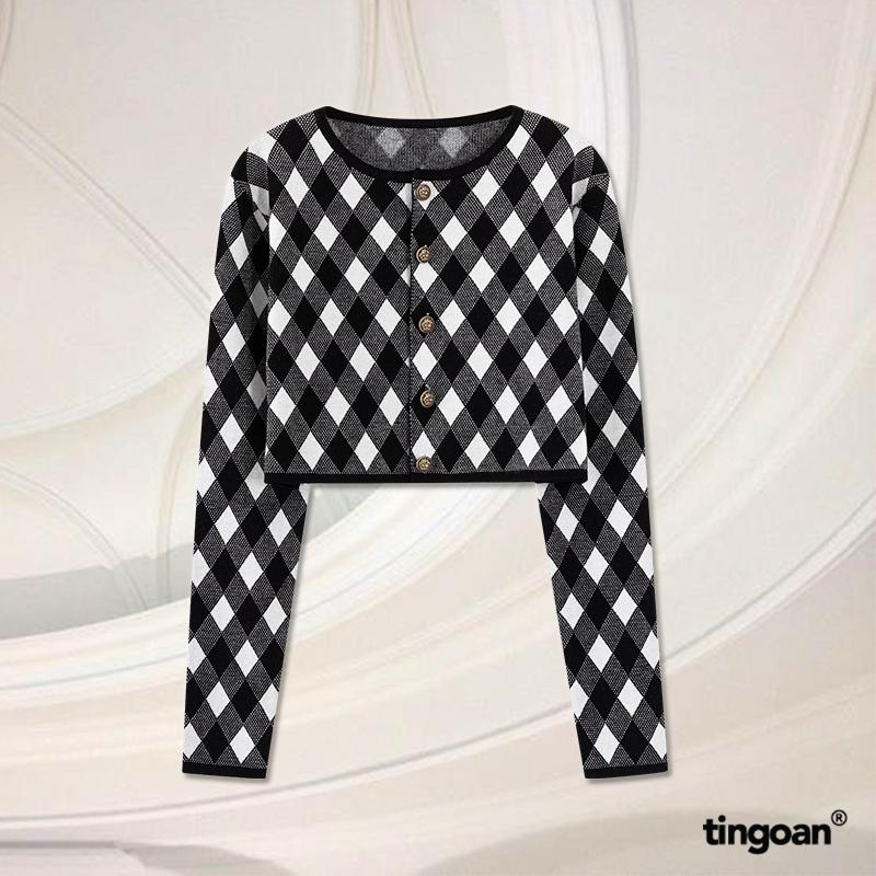TINGOAN - Áo set len cardigan len nm crop lửng fg kẻ quả trám có hai dây  LOVE YOU BACK CARDIGAN/BL