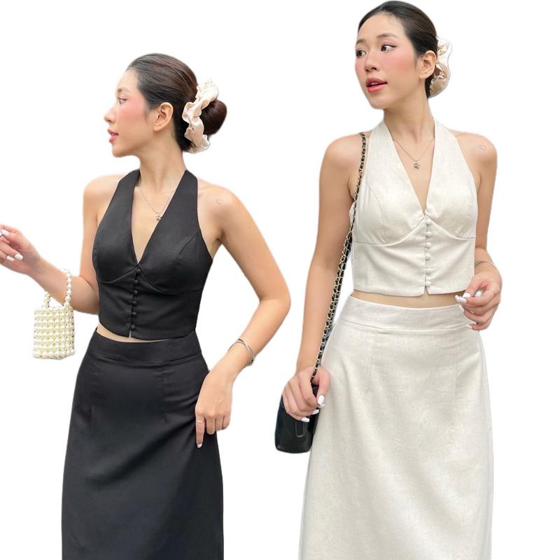 [CÓ BIGSIZE] Áo Cổ Yếm Croptop Nút Bọc A11 Có Mút Ngực Vải Linen Siêu Sang Chảnh Nữ Women Kem Đen