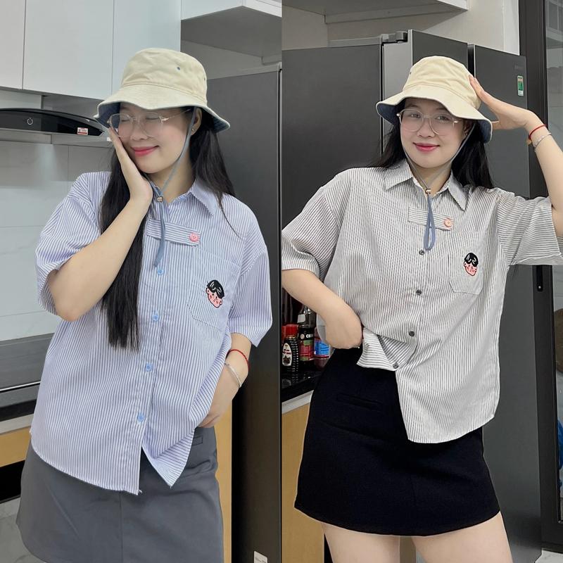 [Bigsize] Áo sơ mi nữ kẻ sọc in hình dễ thương đủ size 60-100kg