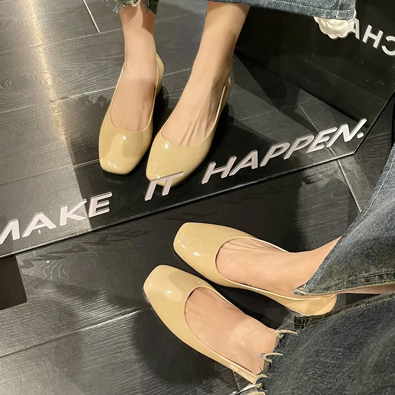 Fashion Shallow Square Toe Chunky Heel Women's Casual Low Heel Comfortable Waterproof Non-Slip Work Shoes Nude Shoes