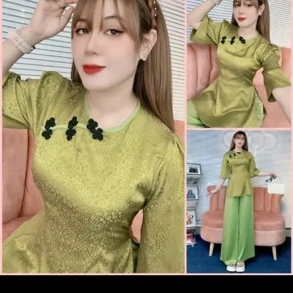 1sét  đồ lam GẤM  cổ tròn  tay lơ vạt bầu. quần  phổi. ( SANG SANG SHOP) Top Áo 6