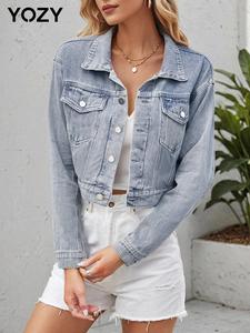 YOZY Women's Button Front Pocket Denim Jacket, Casual Long Sleeve Collared Outerwear for Daily Wear, Ladies Clothes for All Seasons