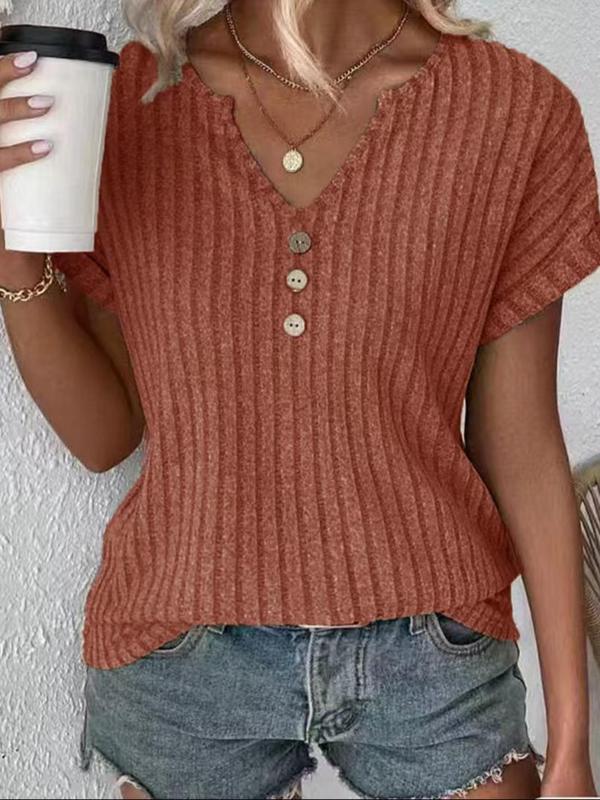 Women's Plain Button Decor Notched Neck Tee, Elegant Casual Fashion Short Sleeve Ribbed T-shirt for Summer, Ladies Clothes for Daily Wear, Womenswear 5