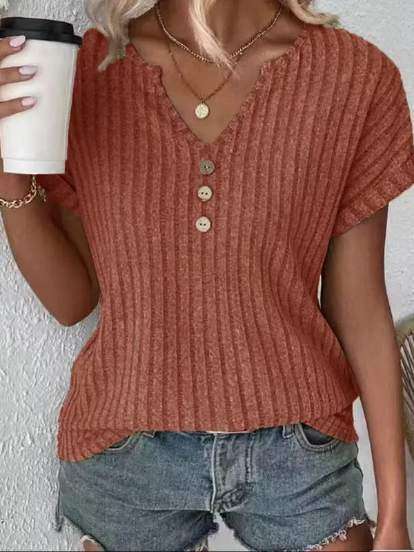 Women's Plain Button Decor Notched Neck Tee, Elegant Casual Fashion Short Sleeve Ribbed T-shirt for Summer, Ladies Clothes for Daily Wear, Womenswear 5