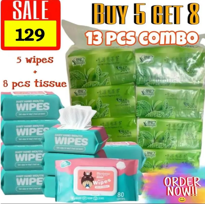 Buy 5 get 8 (5 pcs wipes + 8 pcs  (360)tissue total of 13 pcs combination)