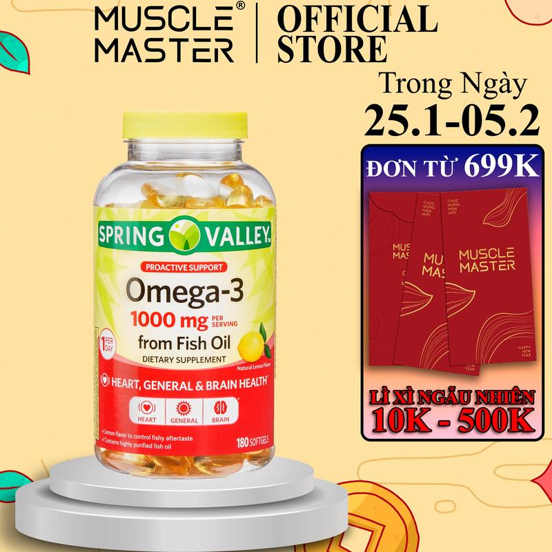 Viên Dầu Cá Cô Đặc Vị Chanh Spring Valley Omega 3 1000mg 180 Viên