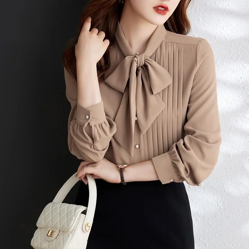 Áo Sơ Mi Voan, Buộc Dây Dành Cho Nữ, Dáng Rộng Bất Đối Xứng, Dài Tay, Có Nơ