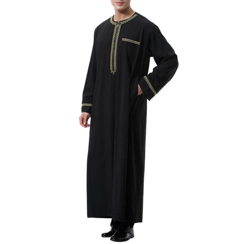 Product Introduction of Men'S Muslim Shirt Kaftan Islamic Royalty Dubai Robe O-Neck Long Sleeve Retro Tunics Abaya Arabic Traditional Costume Men'S Robe 11