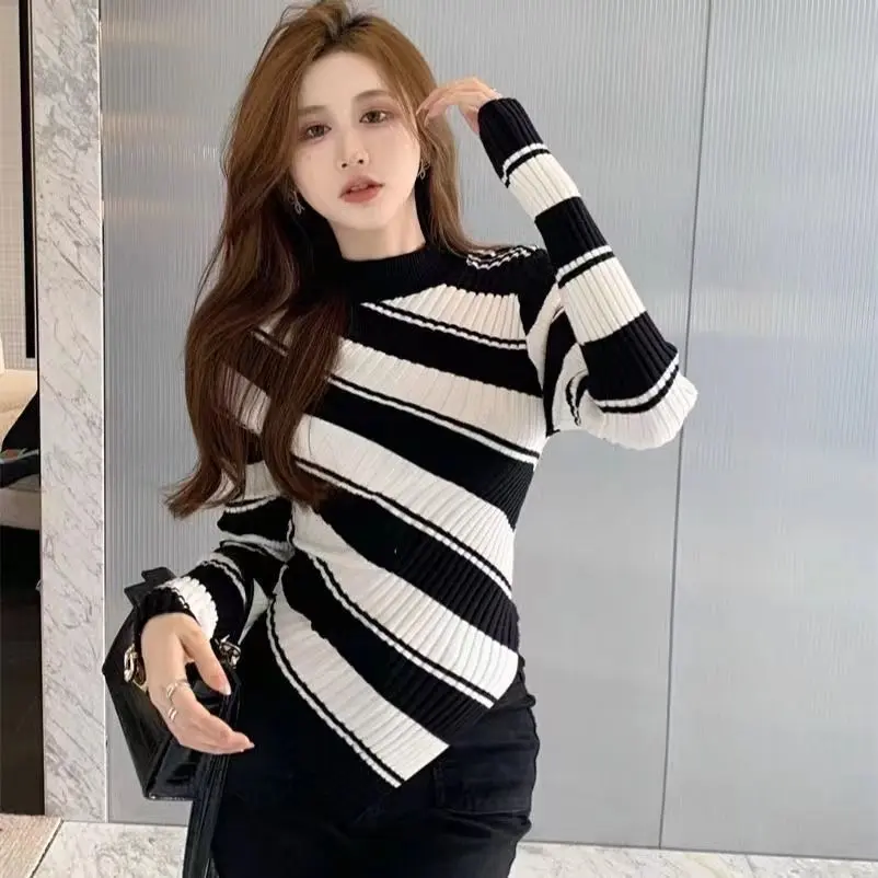 Baju Atasan Berkaitan, Rekaan Cantik, Sesuai untuk Wanita, Ketibaan Baru, Slim Fit, Pelangsingan Badan, Leher Olok-olok, Berjalur, Sweater Pullover, Baju Lapisan Asas Pakaian Berkait knitwear  turtleneck