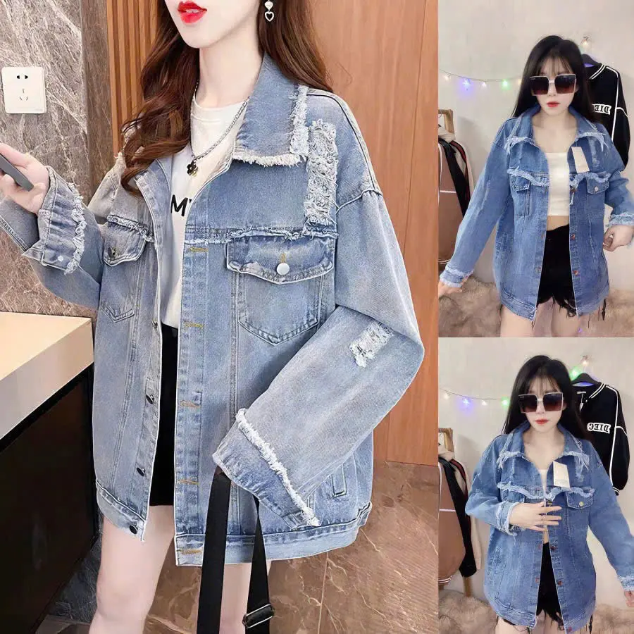 Áo Khoác Bò From Rộng Rách Tua Rua Chất Jean Dày Dặn Kiểu Dáng Trẻ Trung Nhung Nữ Women Top