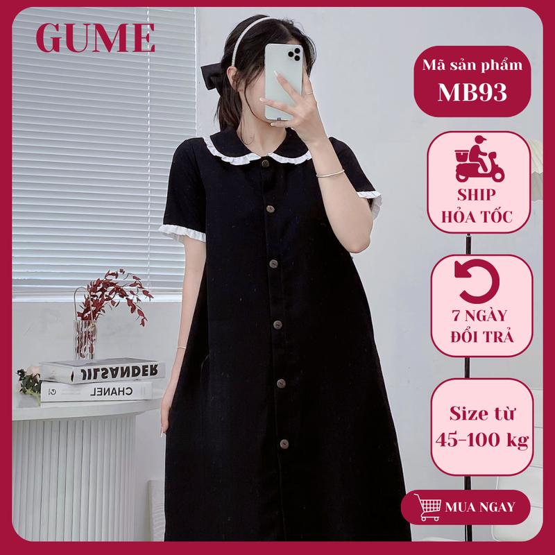 GUME Váy Bầu Đẹp Dáng Suông Basic Cổ sen Tay Ngắn Phối Viền Bèo Cúc Gỗ Chất Vải Sạn Lụa Mặc Đi Làm Mặc Ở Nhà MB93