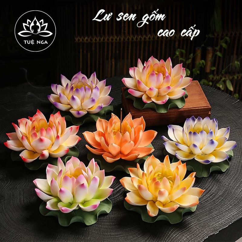  Hoa Sen Gốm Sứ Cao Cấp Dùng Cắm Nhang Trầm Size 14cm Tặng Kèm 1 Hộp Nhang Trầm - Tuệ Nga 