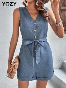 YOZY Women's Plain Button Front Belted Romper, Casual Sleeveless V Neck Romper for Summer, Fashion Women's Clothes for Daily Wear