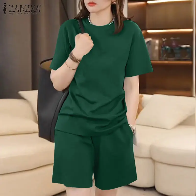 ZANZEA Korean Style Women's 2pcs Suits Casual Short Sleeve Round Neck Top Elastic Waist Shorts Summer Sets