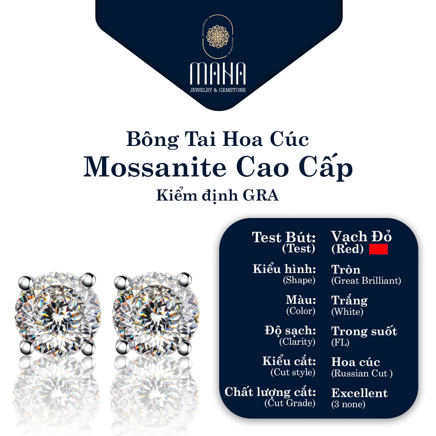 (1 chiếc lẻ) Bông tai Bạc 925 Kim cương Moissanite màu Trắng giác Hoa cúc Nga 4.0 - 8.1 ly viên Tròn Hàng Mỹ (kèm Kiểm Định GRA)