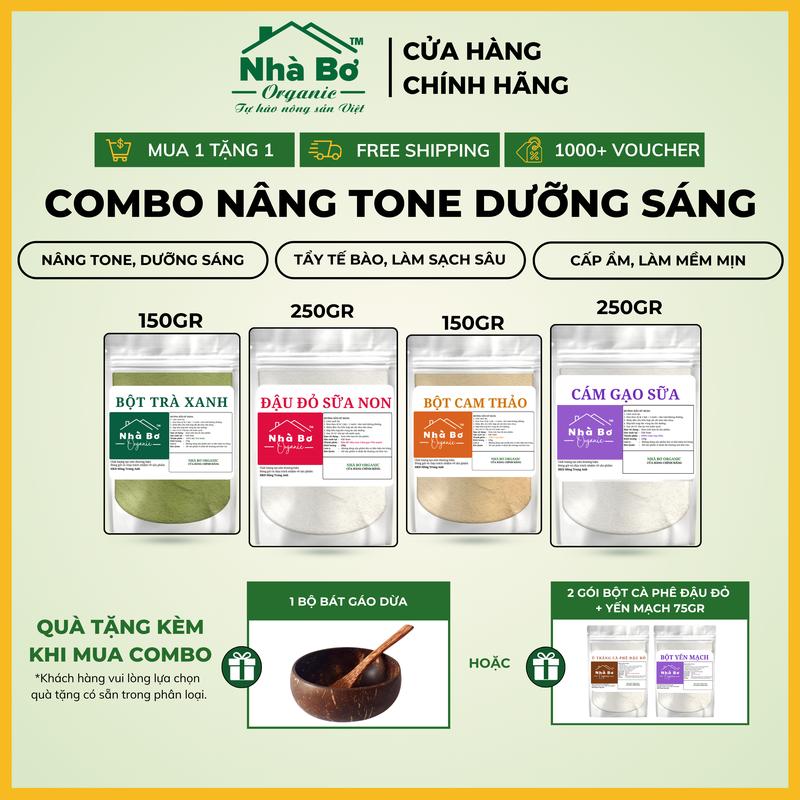 [MUA 1 TẶNG 1] - Combo 4 Gói Bột [250g Đậu Đỏ Sữa Non + 150g Trà Xanh + 150g Cam Thảo + 250g Cám Gạo Sữa] - Giúp dưỡng trắng da mặt và body | Nhà Bơ Organic