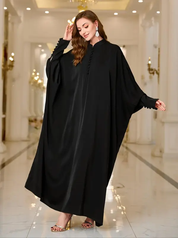 Arabic Clothing-Solid Button Front Batwing Sleeve Kaftan, Modest Mock Neck Long Sleeve Maxi Dress for Women, Women's Islamic Clothing for Spring, Modest Muslim Clothes 5