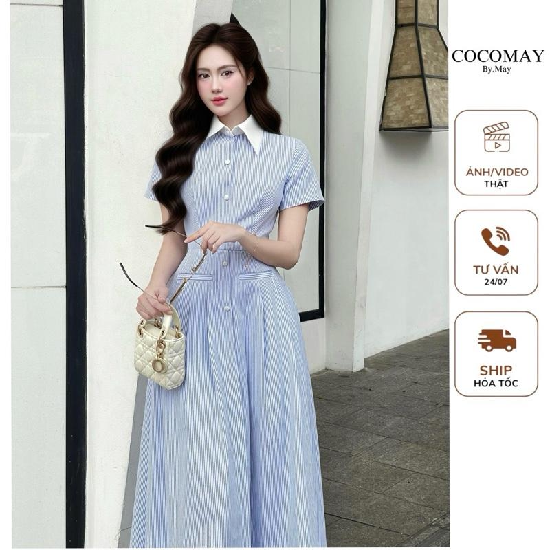  COCOMAY Đầm kẻ sọc linen xanh phối cổ đức trắng nút midi Nữ Women Váy Dress 