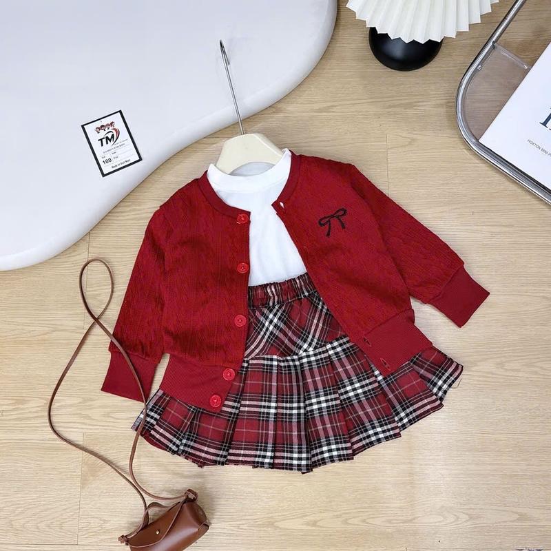 Sét áo khoác len cadigan đỏ mix chân váy kẻ kèm áo giữ nhiệt cho bé Gái đủ sz 9-35kg ( T12 )