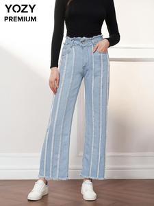 YOZY Women's Denim-effect Print Pocket Raw Hem Straight Leg Pants, Casual Button Fly Zipper Fly Trousers for Daily Wear, Ladies Bottoms for All Seasons, Fall&Winter Clothes