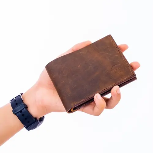 Ví nam da bò sáp ngựa điên khâu tay thủ công loại một ngăn dáng đứng dáng ngang chính hãng Bioline