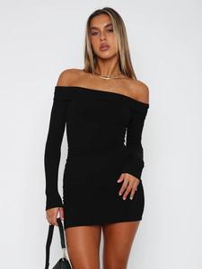 Women's Solid Off Shoulder Ribbed Bodycon Dress, Elegant Fashion Long Sleeve Mini Dress for Party Club Dating Wear, Women Dress for Fall & Winter, Valentine's Day Gift for Girl Valentine's Day, gift
