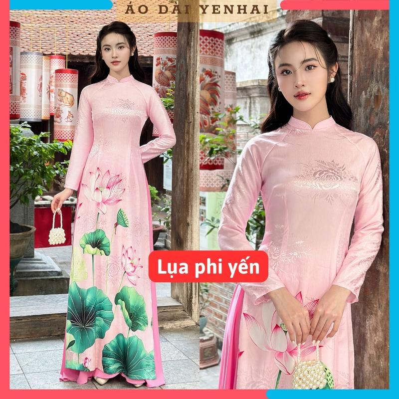 PY2050 - Áo dài truyền thống hoa sen nền hồng phấn chất lụa phi yến cao cấp