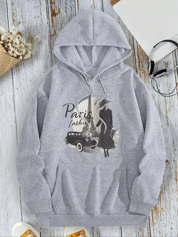 【Plus Size】 Creative Paris Lady Letter Print Hoodie, Casual Drawstring Pocket Hooded Sweatshirt for Fall & Winter, Women's Clothing for Daily Wear 4