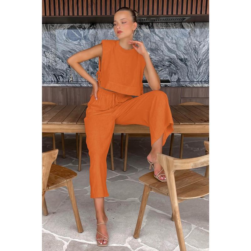 Fashion Cotton and Hemp Set Women's 2025 Summer New Style Shoulder Pads Sleeveless Top Pants Two Piece Set European and American Casual Womenswear Clothes 8