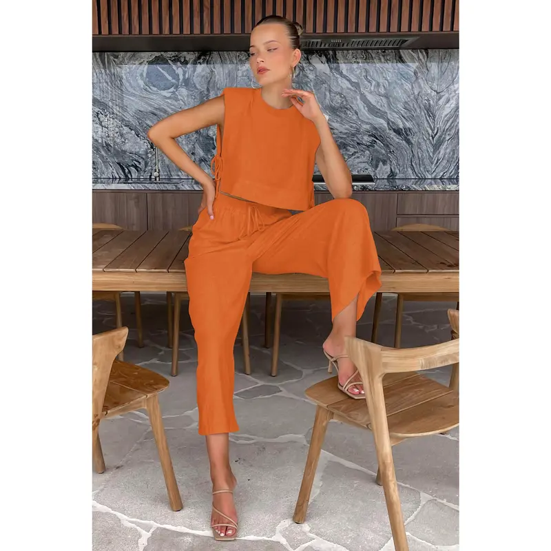 Fashion Cotton and Hemp Set Women's 2025 Summer New Style Shoulder Pads Sleeveless Top Pants Two Piece Set European and American Casual Womenswear Clothes 8