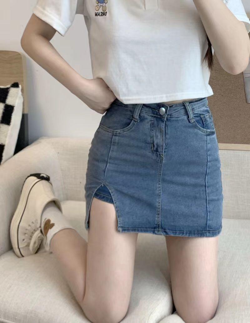 Product Introduction of Stretch Korean Style Denim Skirt Women's High Waist Anti-Exposure A- line Miniskirt and Divided Skirt Split Hip Skirt Summer 11
